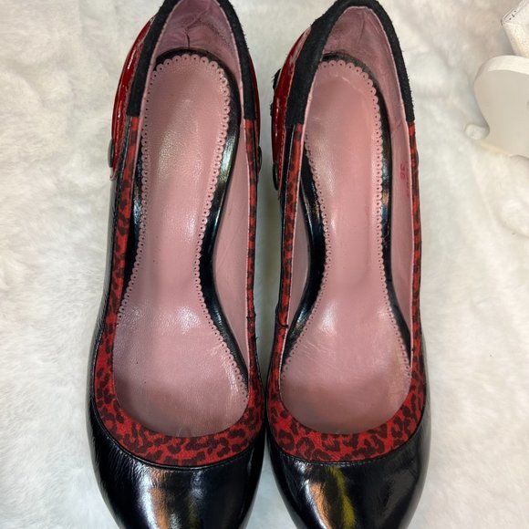 CHANII B Black Leather w Red Leopard Ruffle & Trim w Red Trim on Heels-38 - Picture 7 of 16